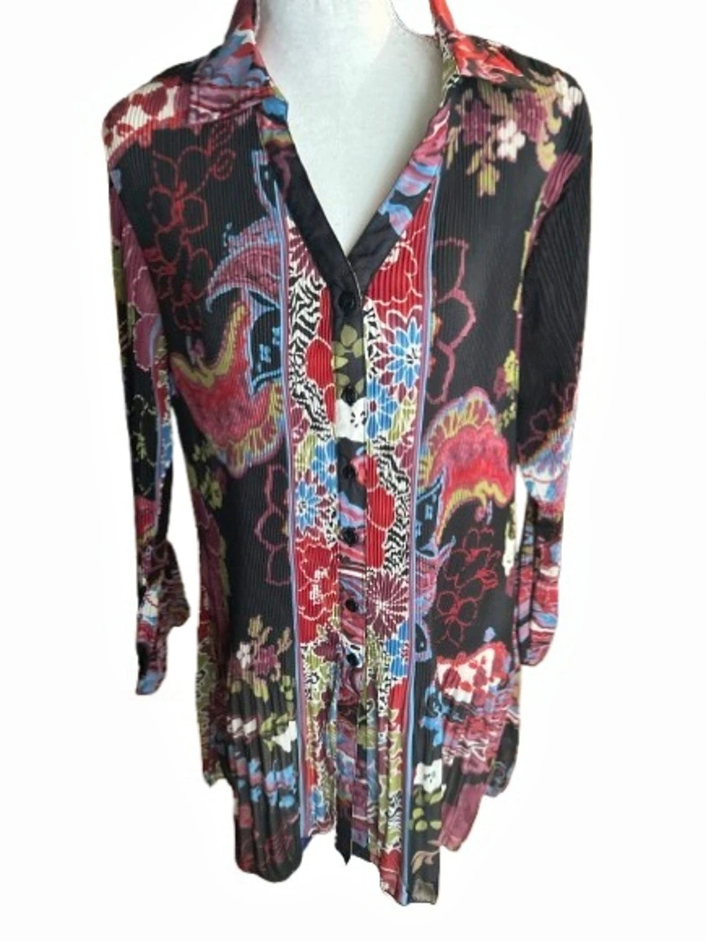 Sheer ROSSI ROMA Floral Pleated Blouse Top Boho Flowers Romantic Button Y2K